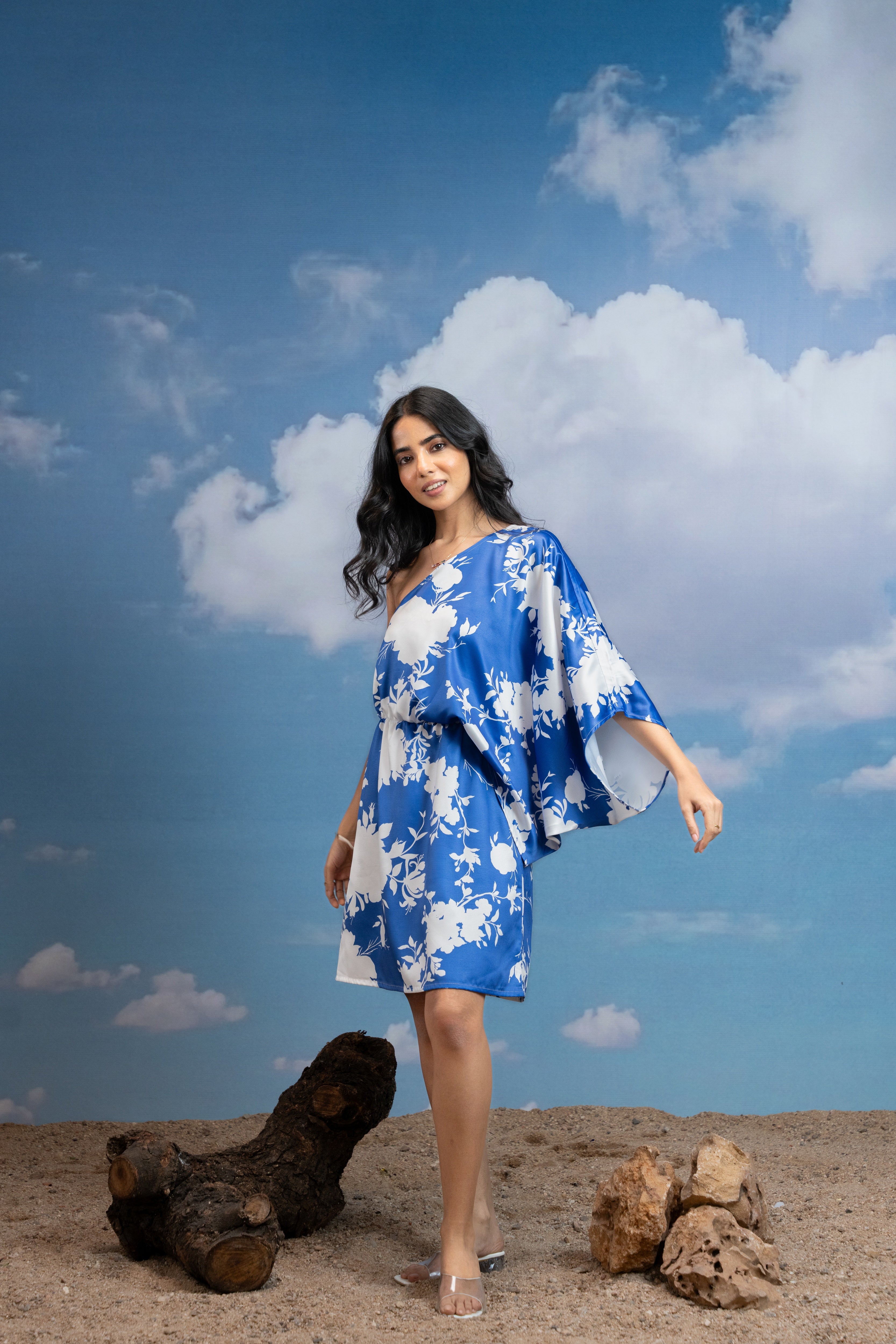 Azure Bloom One Shoulder Dress