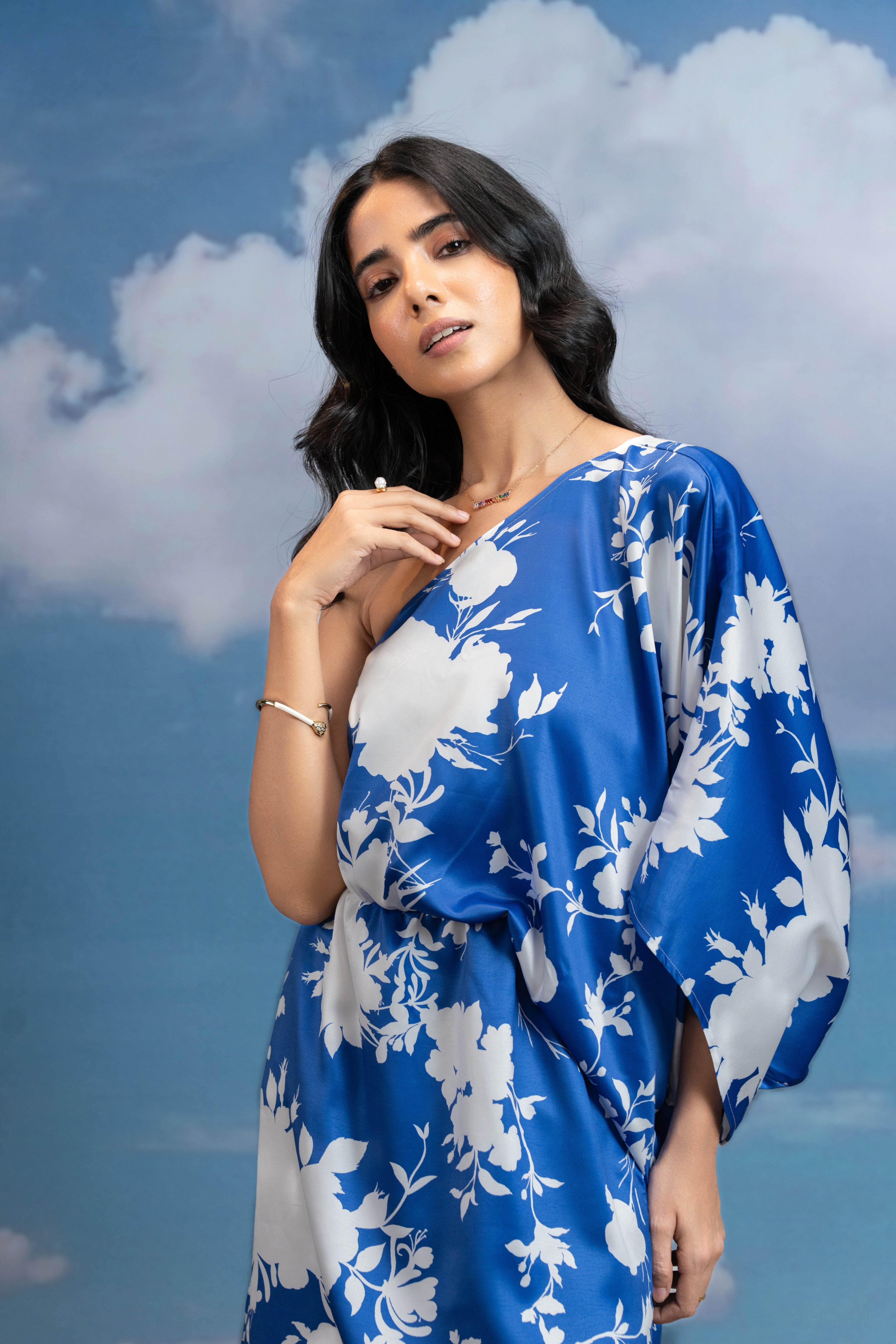 Azure Bloom One Shoulder Dress