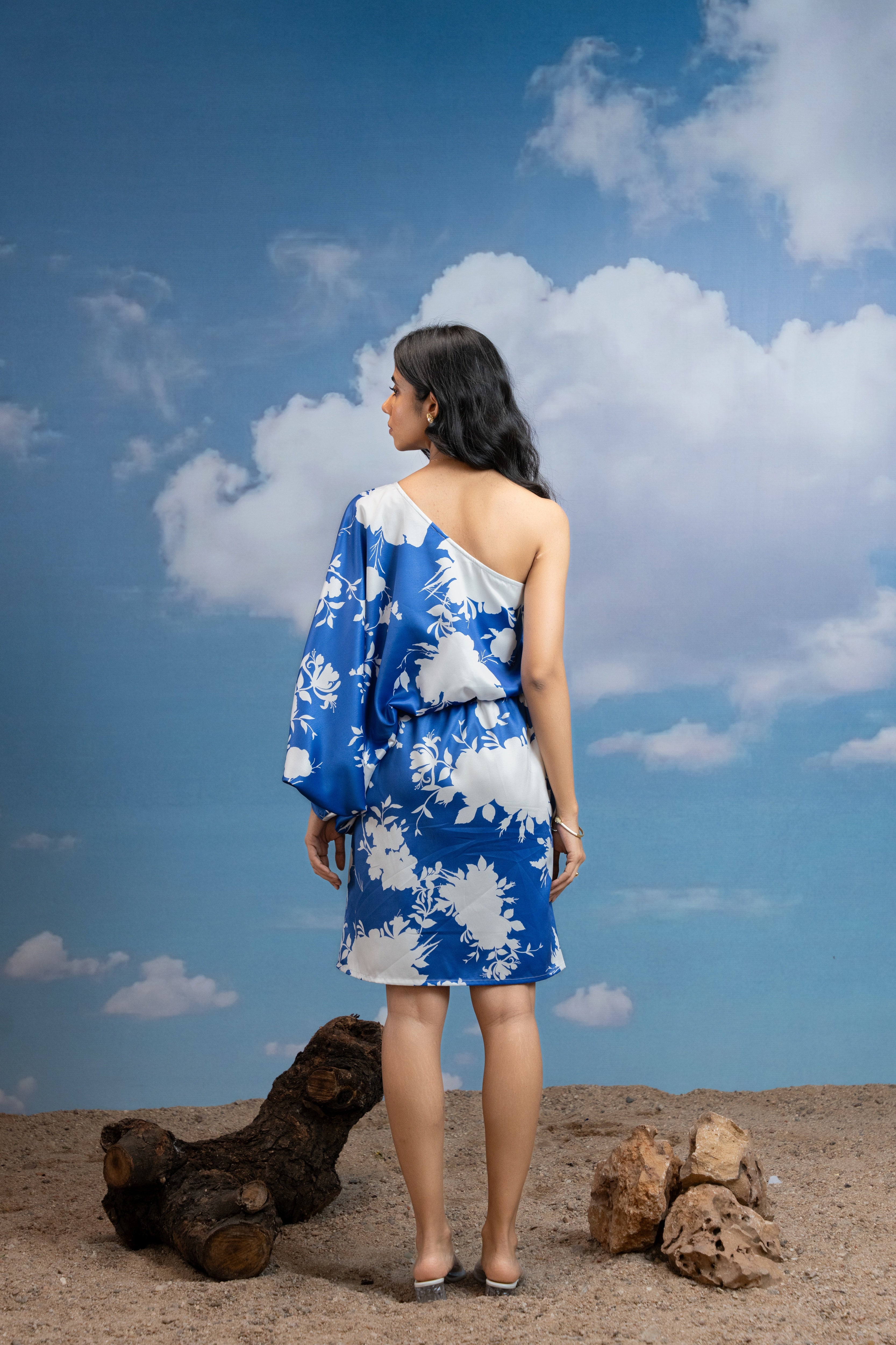 Azure Bloom One Shoulder Dress