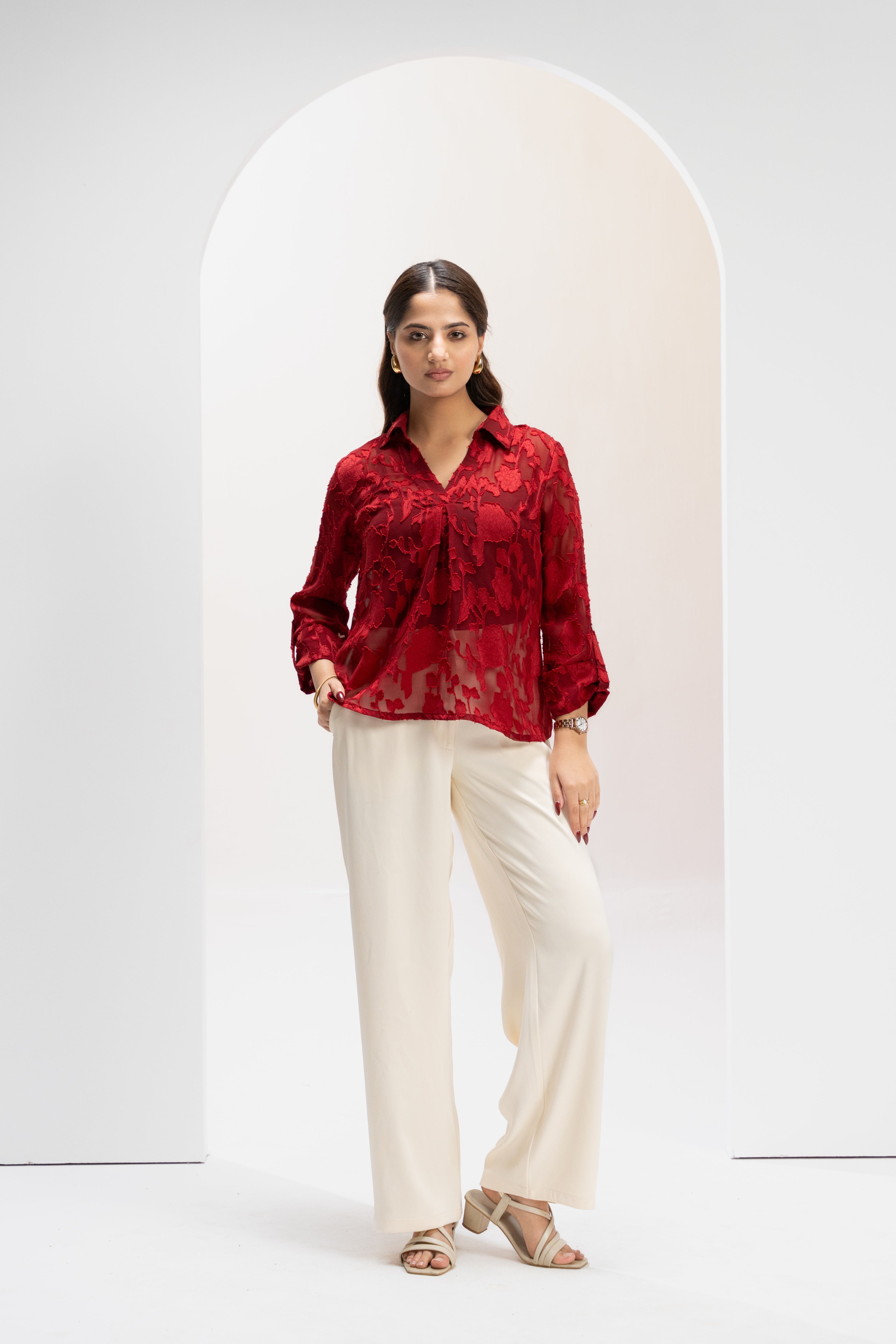 Crimson Poise Jacquard Top