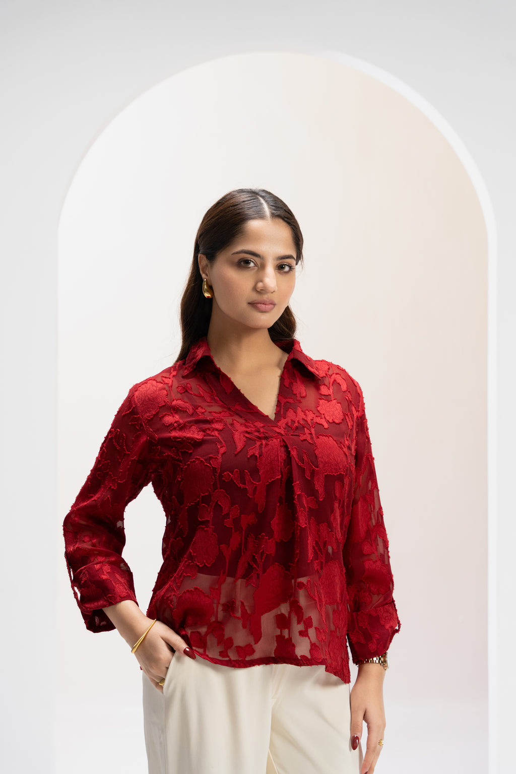 Crimson Poise Jacquard Top