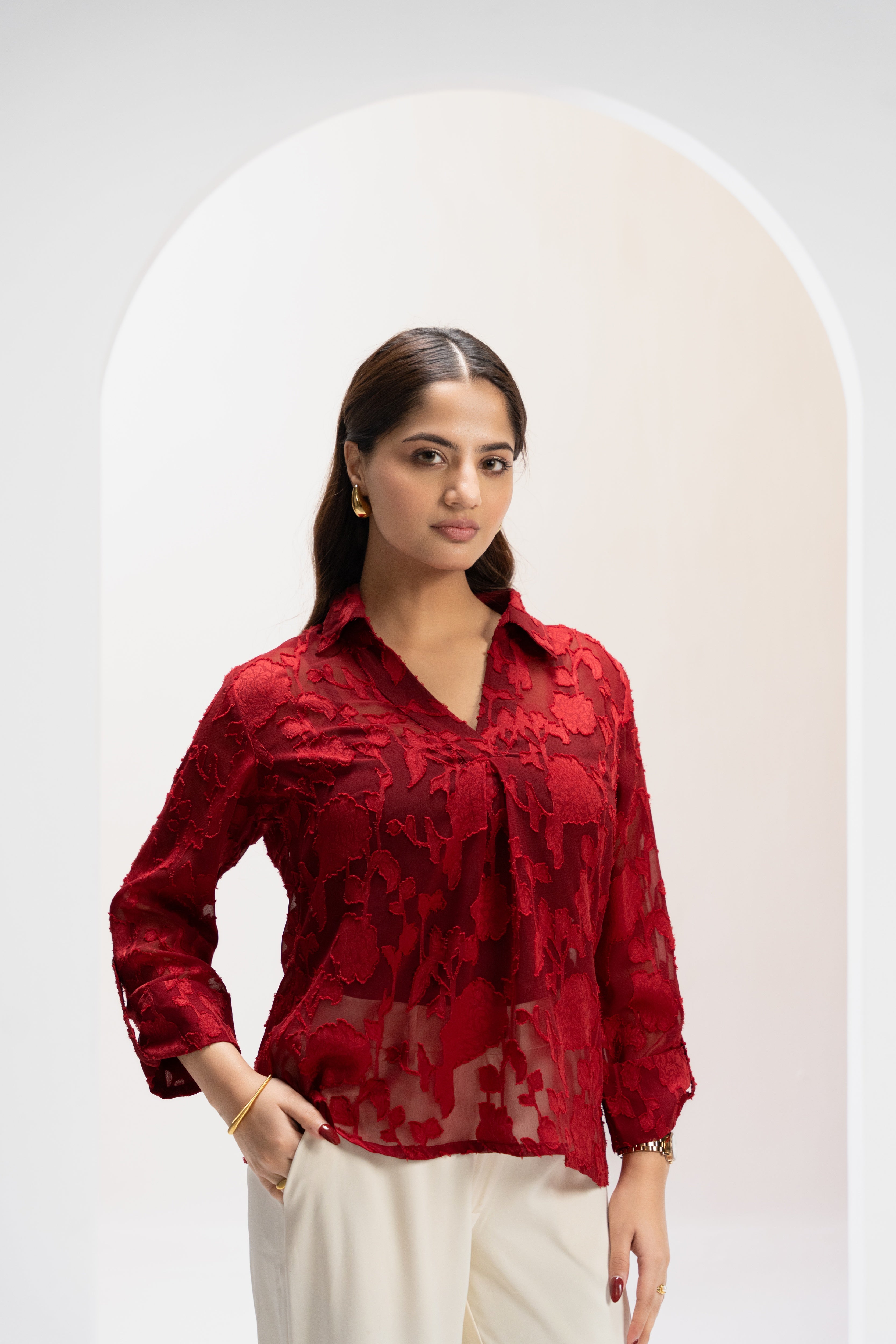 Crimson Poise Jacquard Top