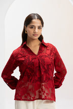 Crimson Poise Jacquard Top