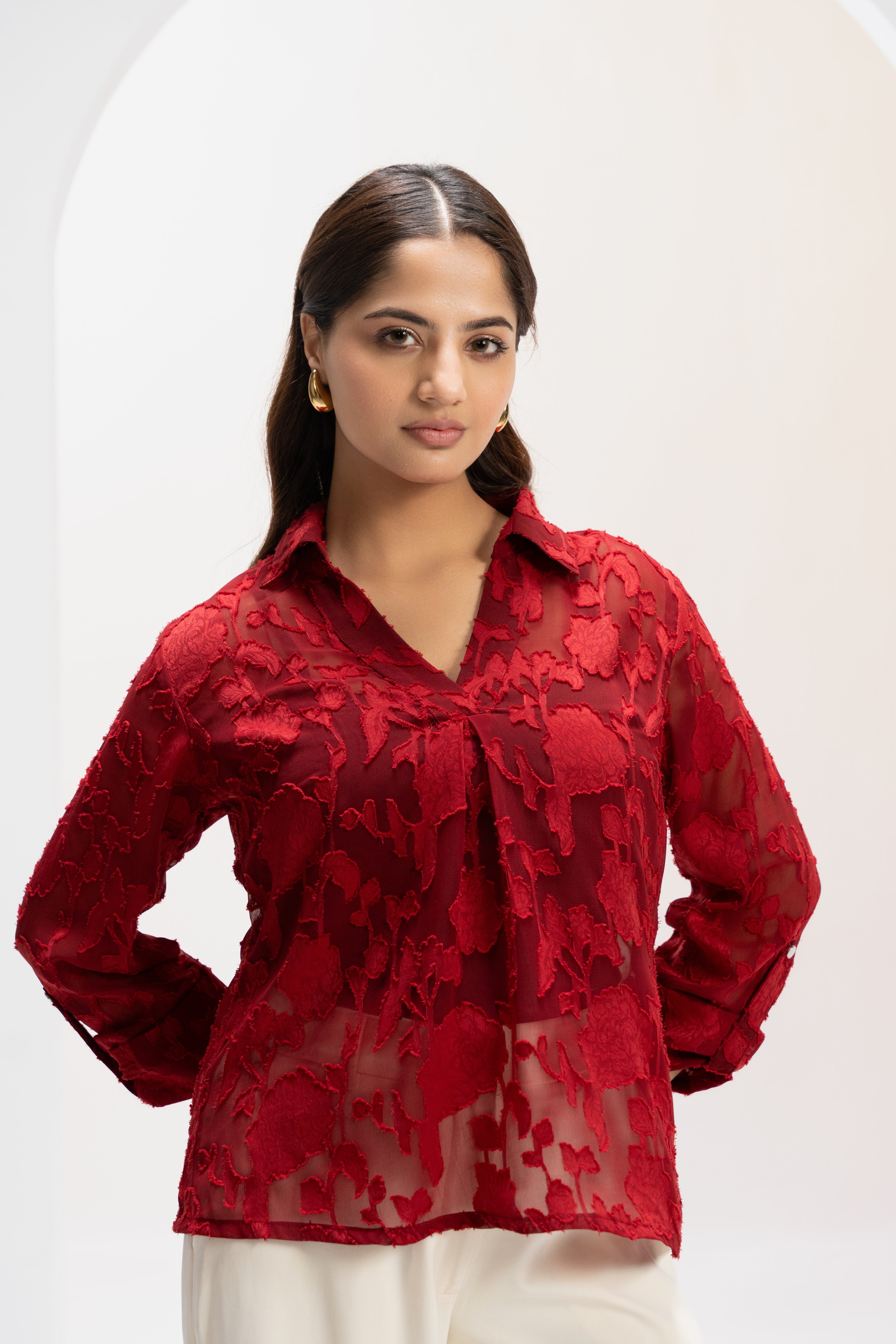 Crimson Poise Jacquard Top