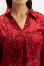 Crimson Poise Jacquard Top