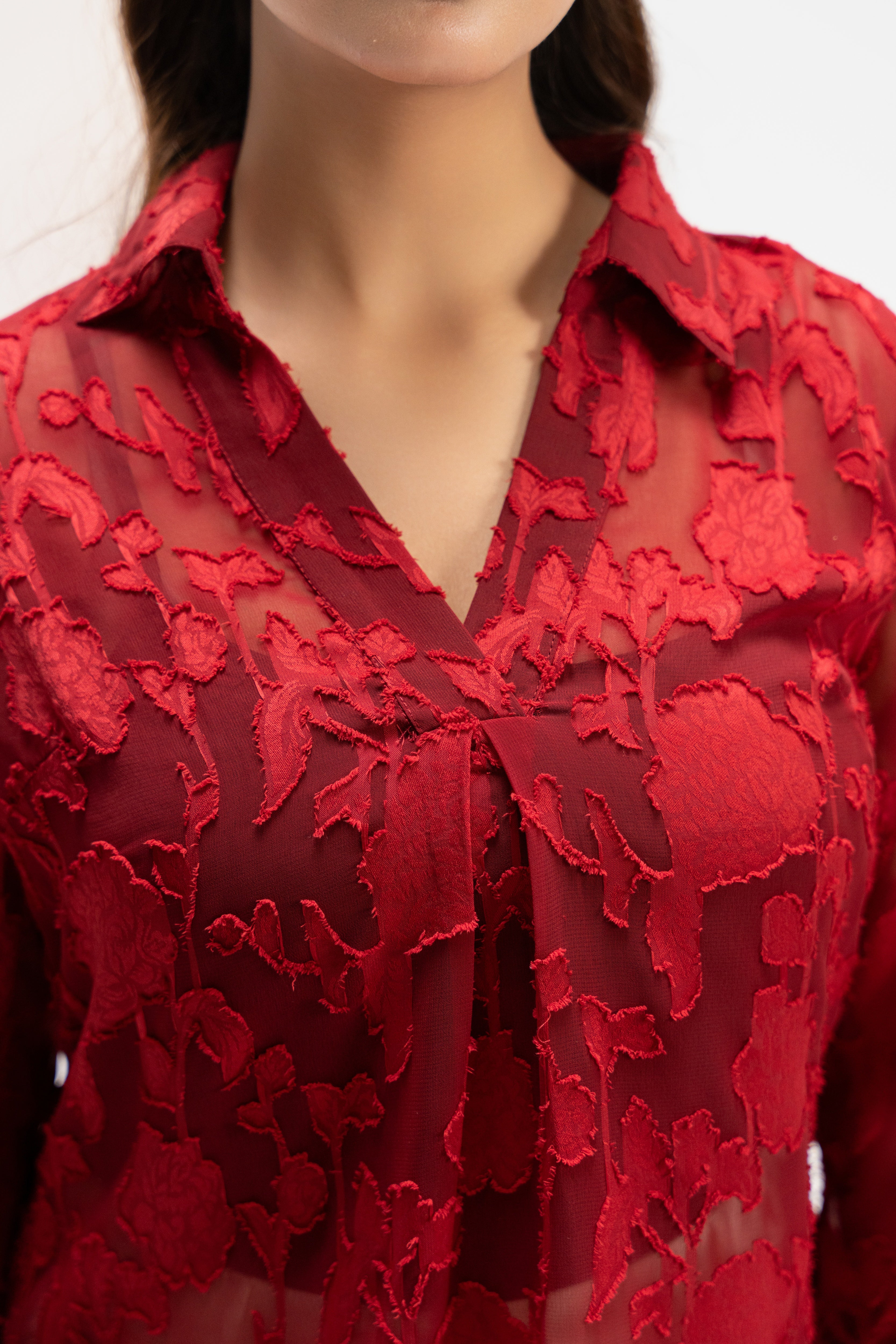 Crimson Poise Jacquard Top