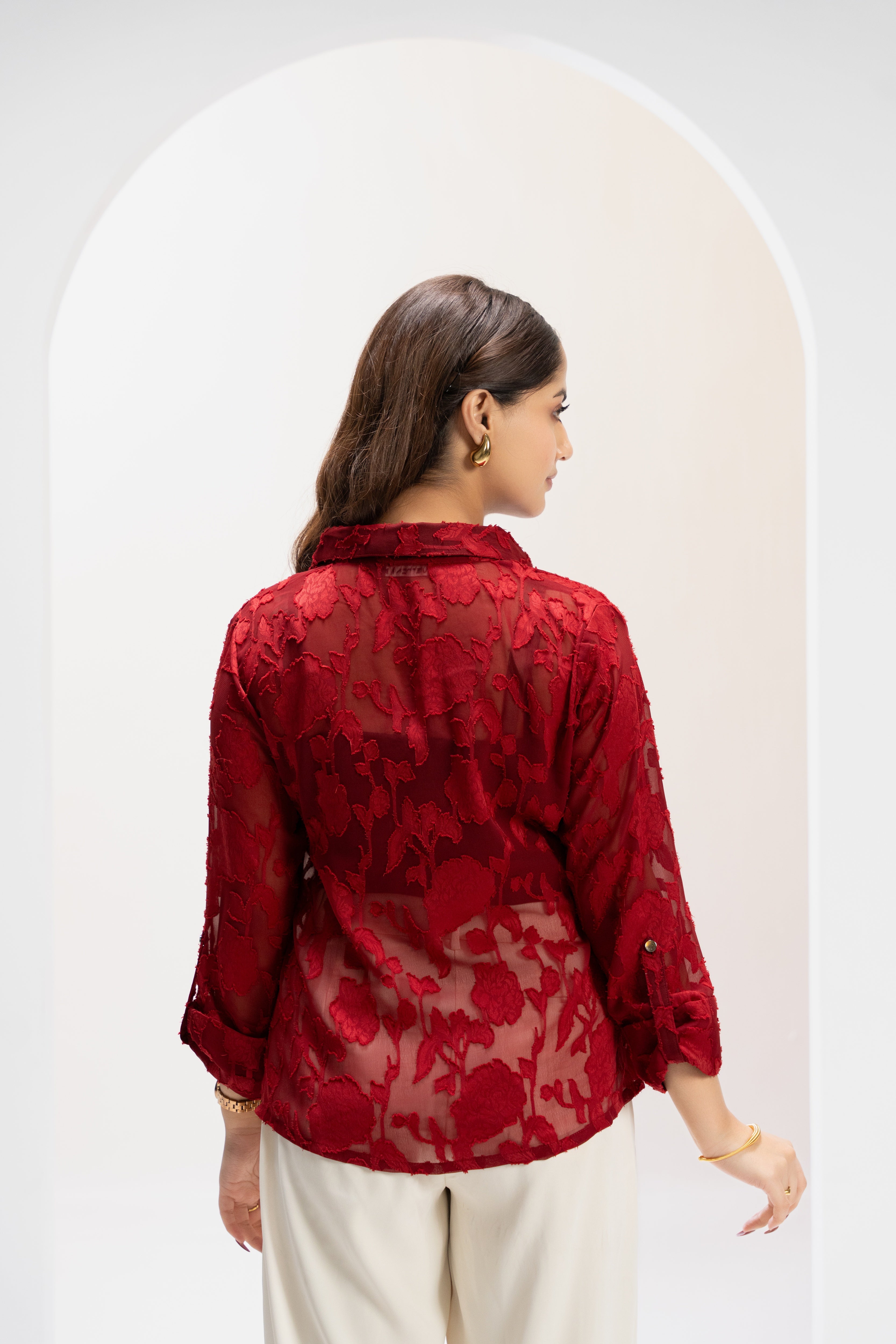 Crimson Poise Jacquard Top